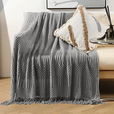 Image of LumiSyne Knitted Throw Blanket With Tassel Solid Color Bubble Pattern Cozy Soft Throws Bedspread Couch Cover Decorative For Sofa Bed Settee 230x130cm