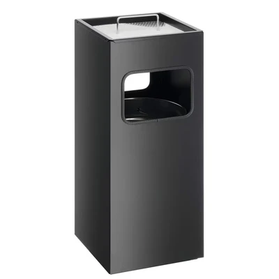 Image of Durable Metal Square Waste Bin Black With Ashtray Top Capacity 17 Litres 2 Ideal for Sheltered Outdoor Areas Such As Smoking