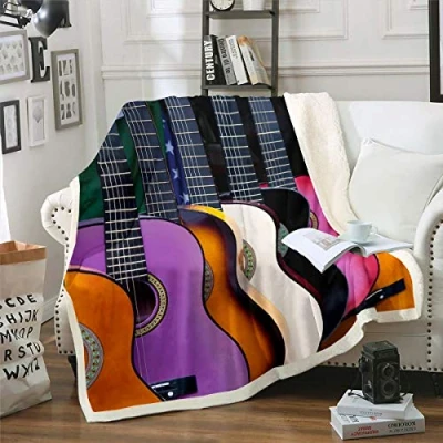 Image of Guitar Sherpa Blanket Rock Music Themed Fleece Throw for Sofa Couch Bed Musical Pattern Decor Plush Instruments Print Warm Fuzzy Baby 30&quot;x40&quot;