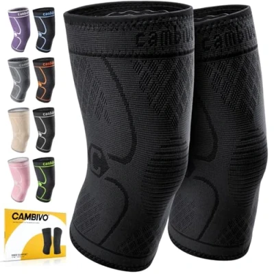 Image of CAMBIVO Knee Support Men/Women 2 Pack, Brace Compression Sleeves for Weight Lifting, Running, ACL, MCL, Arthritis, Joint Pain, Meniscus Tear, Squats, Sports