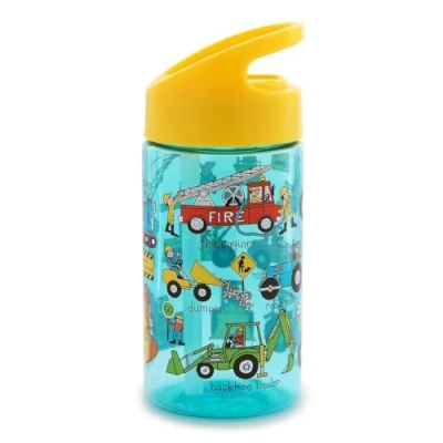 Image of Tyrrell Katz Kids Trucks Printed Flip Top Drinking Bottle in Blue with Straw Dishwasher Safe Lightweight Children&#039;s School Water Flask 400 ml