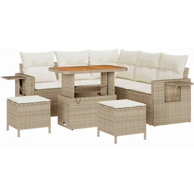 Image of vidaXL 8 Piece Garden Sofa Set with Cushions Beige Poly Rattan Acacia