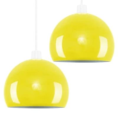 Image of MiniSun Pair of Mini Retro Gloss Yellow Arco Style Dome Ceiling Pendant Light Shades Complete with 10w LED GLS Bulbs [3000K Warm White]
