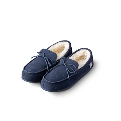 Image of Lakeland Leather Mens Sheepskin Moccasins in Navy Blue Size UK 12