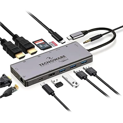 Image of Tecnoware Hub USB Type C, 13 in 1 Adapter, compatible with MacBook, Notebook, iPad, Windows, Huawei ecc; Ports: 2.0/3.0, Ethernet, HDMI 4K, Card Slot SDXC, Micro SD, Jack Audio