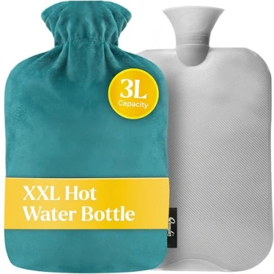 Image of Qomfor Large Hot Water Bottle with Fleece Cover UK (3L) Long Lasting for Bed, Back Pain, and Period Relief Cozy Bed Warmer, Perfect Gifts Women (Green/Blue)