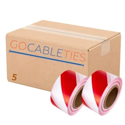 Image of Gocableties 70mm x 500m Bulk Box of 5 Rolls Red/White Barrier Tape Non Adhesive Warning