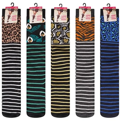 Image of Soxy Ladies Design Wellington Boot Socks 5 Pack Women&#039;s Welly Festival Walking Hiking Thermal Animal Skin Stripe Designs UK Shoe Size 4 6
