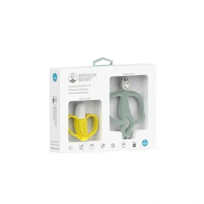 Image of Matchstick Monkey, Antimicrobial Teething Gift Set 1 Banana Shaped Soother and Animal Teether, 3 Months Old+, &amp; Monkey