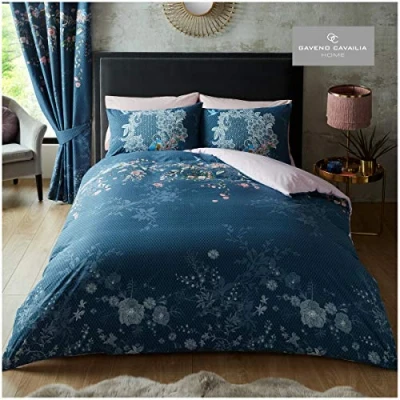 Image of GC GAVENO CAVAILIA Flower Duvet Cover Set, Poly Cotton Botanical Bedding King Size, Soft Comforter Covers, Navy