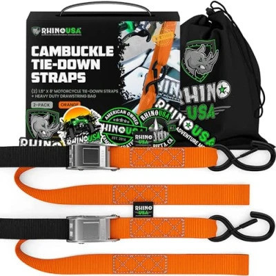 Image of RHINO USA Motorcycle Tie Down Straps (Set of 2) Heavy Duty 1000 kg Break Strength, Cambuckle Motorbike Tiedowns with Soft Loops &amp; Hooks Better Than a Ratchet Strap Orange