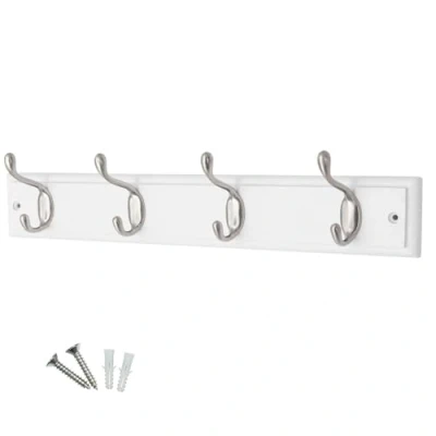 Image of keypak 4 Hook Wall Mounted Coat Rack, 45cm White Wooden Board, Satin Nickel Hooks Fixings Included