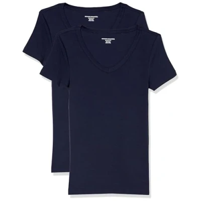 Image of Amazon Essentials Women&#039;s Slim Fit Short Sleeve V Neck T Shirt, Pack of 2, Navy, S