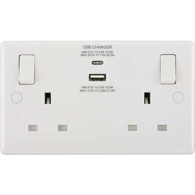 Image of BG Electrical Double Switched Power Socket with Type A and C USB Charging Ports, 13 Amp, White Moulded