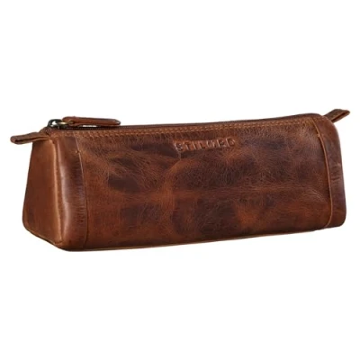 Image of STILORD &#039;Freddie&#039; Vintage Leather Pencil Case Classic Pen Pouch for Women Men Stationary Slim Holder Sleeve Brush in Genuine Leather, Colour:Kara Cognac