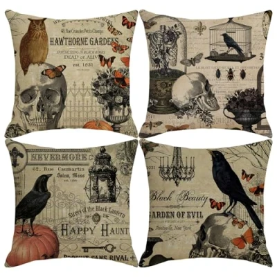 Image of HOSTECCO Halloween Pillow Covers Set of 4 Pumpkin Skull Cases Owl Crow Linen Cushion 18x18 inches