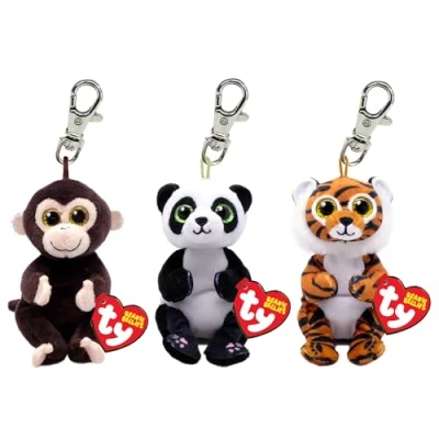 Image of TY Beanie Bellies Key Clip Multipack 1 Matteo Monkey, Ying Panda, Clawdia Tiger Children Keyring, Cute &amp; Comfort Keychain, Stuffed Toy Keyrings Keychains