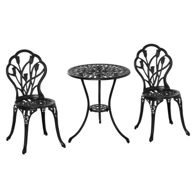 Image of Outsunny 3 Piece Patio Bistro Set, Outdoor Aluminium Garden Table and Chairs with Umbrella Hole for Balcony, Black