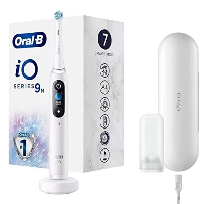 Image of Oral B iO Series 9 Electric Toothbrush, 7 Cleaning Modes for Dental Care, Magnetic Technology, 3D Tooth Surface Analysis, Colour Display, Charging Travel Case, Gift Man/Woman, White Alabaster