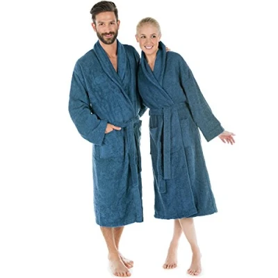Image of CelinaTex Oregon Bathrobe, Shawl Collar, Plain, Long, Patched Pockets, Piping, Women, Men, Unisex, 100% Cotton, Blue, Small