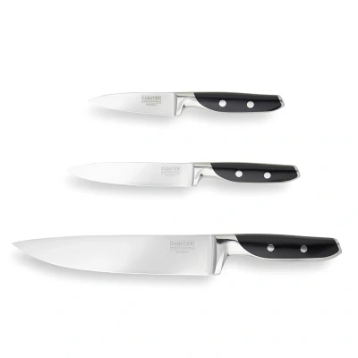 Image of Taylors Eye Witness Professional Sabatier Kitchen Knife Set 3 Piece. Paring, Utility &amp; Chef’s Knives. Full Tang Sharpe, Blade. Taper Ground Carbon Steel. Twin Rivet Handles