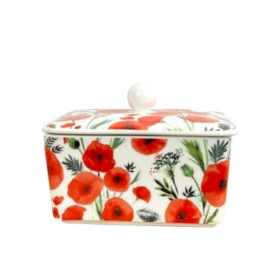 Image of Ceramic Butter Dish with Lid Poppy Holder Kitchen Storage Container Box Serving