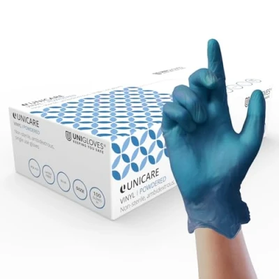 Image of Unigloves Unicare Blue Vinyl GS0094 Single Use Multipurpose, Lightly Powdered, Latex Free Disposable Gloves, Box of 100 Blue, Large