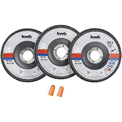 Image of kwb 3 x Flap Disc Set 125mm with Storage Tin and Ear Plugs, Grit Sizes K 40, 60, 80 for Angle Grinders ABM. 125 22.23