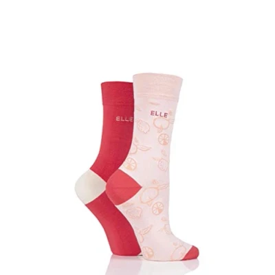 Image of 2 Pair Strawberry Sorbet Bamboo Patterned and Plain Socks Ladies 4 8 Elle
