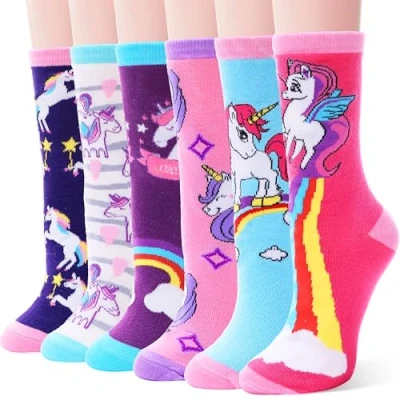 Image of EBMORE Kids Girls Cotton Socks Cute Unicorn Pattern Odd Soft Novelty Gift Stocking Fillers for Child 6 Pack (Unicorn H,3 5 Y)