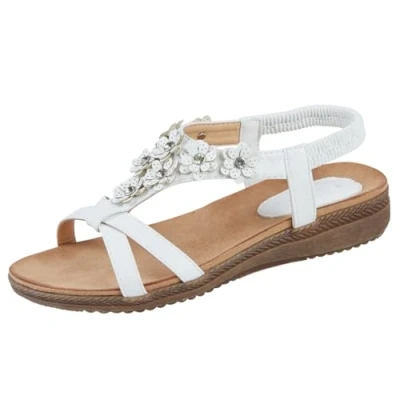 Image of Jo &amp; Joe Ladies Flower Diamante T Bar Low Wedge Slingback Sandals Naples White UK 4
