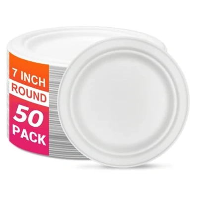 Image of Ask Packaging 100% Compostable (7 Inch / 50 Pack) Heavy Duty Eco Friendly Disposable Bagasse Plates, Made of Natural Sugarcane Fibers 7&quot; Biodegradable Paper Plates