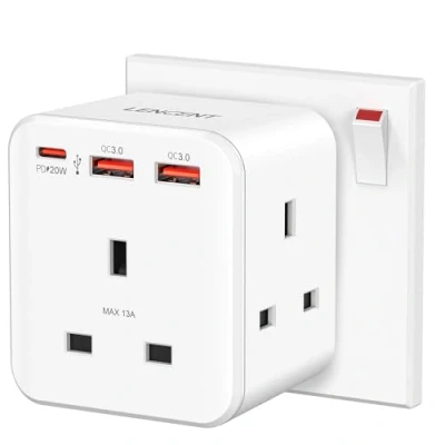 Image of LENCENT 3 way Plug adaptor with Fast Charge USB, 6 in 1 Cube Multi Extension PD&amp;QC 3.0 20W USB Wall Charger, Extender for Home, Office, Kitchen, 13A 3250W