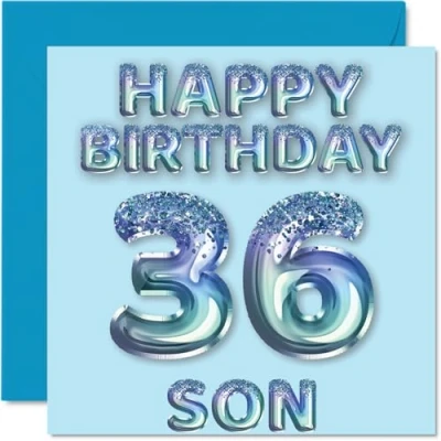 Image of 36th Birthday Card for Son Blue Glitter Party Balloons Happy Cards 36 Year Old from Mum Dad Parents, 145mm x Bday Greeting Gift