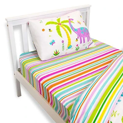 Image of Happy Linen Company Girls Kids Dinosaur Park Jurassic Pink T Rex Dino Stripes White Toddler Cot Bed Fitted Sheet Bedding