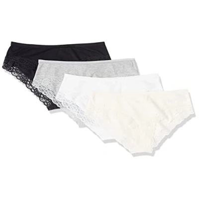 Image of Amazon Essentials Women&#039;s Cotton and Lace Hipster Knickers, Pack of 4, Black/Light Grey Marl/White, 14