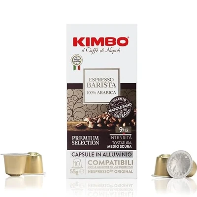 Image of Kimbo Coffee, Espresso Barista 100% Arabica, 10 Aluminium Capsules Compatible with Nespresso Original Machine, Medium Dark Roast, 9/13, Italian Coffee Pods, 1 x
