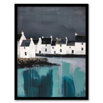 Image of Artery8 Scottish Coastal Village Oil Painting Grey Sky Living Room Artwork Framed Wall Art Print 18X24 Inch