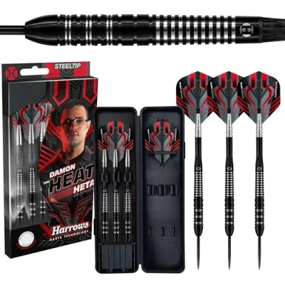 Image of Harrows Damon Heta 90% Tungsten Steel Tip Darts Set 21g, 23g &amp; 25g Includes Black Alamo Shafts, Damon’s Signature Flights Travel Case (21g)