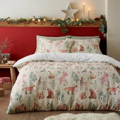 Image of Fusion Woodland Animals Teddy Fleece Duvet Cover Double Bedding Size (200 x 200cm) Reversible Design 2x Pillowcases in Natural Christmas