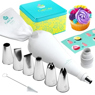 Image of CukkiCakes Icing Bag with Nozzles Professional Set (9 Pieces): Reusable Piping (45 cm) + 6 Large (1M, 2D, 4B, 1A, 124, 895) Adapter Cake Made in Japan &amp; Korea