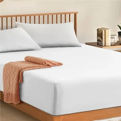 Image of My Home Store Double Fitted Sheet 100% Egyptian Cotton 300TC Hotel Quality 30 cm White Bedsheets