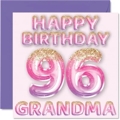 Image of 96th Birthday Card for Grandma Pink &amp; Purple Glitter Balloons Happy Cards 96 Year Old from Grandson Granddaughter, 145mm x Bday Greeting Gift