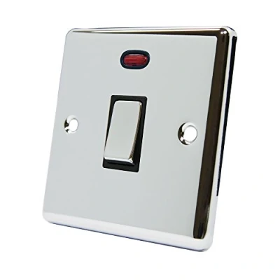Image of AET CPC20ASWIBC Polished Chrome Classical 20A DP Black Insert Metal Rocker Switch 20 Amp Double Pole w/Neon Indicator