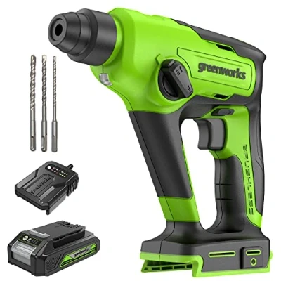 Image of Greenworks 24V Brushless Rotary Hammer Drill Cordless SDS Plus Heavy Duty 4 Mode Selector Anti Vibration Handle Built in LED Light Impact Energy 1.2 Joule Tool Only