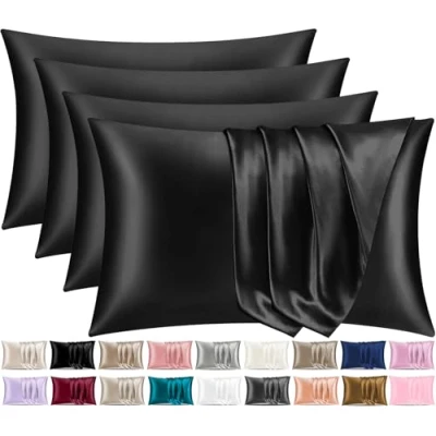 Image of Pamposh Satin Silk Pillowcases For Hair And Skin 2 Pack Standard Size with Envelope Closure (Midnight Black, 4 Pcs (50 x 75 cm))
