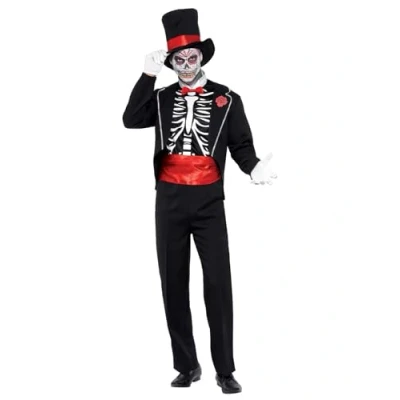 Image of Smiffys Day of The Dead Costume, Black with Jacket, Mock Shirt Front, Hat and Gloves, Mexican Dead/Sugar Fancy Dress, Adult Dress Up Costumes
