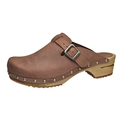 Image of Sanita Hartwig Mule Clog Original Handmade Wooden Leather for Men Sustainable Sole Antique Brown 11 UK