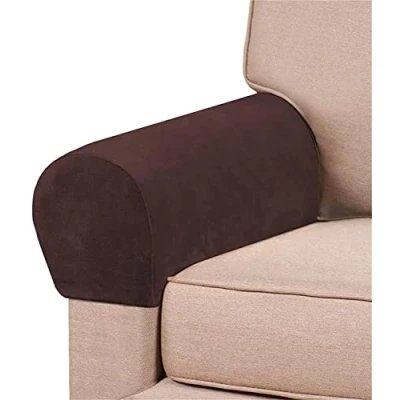 Image of LINGKY Thick Velvet Stretch Armrest Covers for Chairs and Sofas Armchair Arms Couch Arm Sofa Non Slip (Brown,Set of 2)