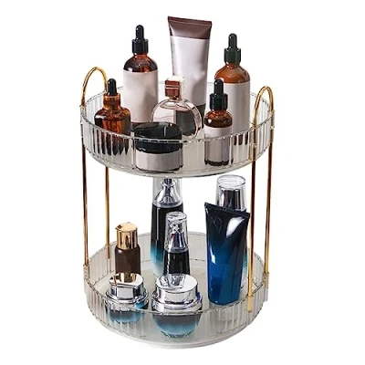 Image of 360 Rotating Makeup Organiser,Cosmetic Storage Skincare Spinning Holder Lipsticks Brushes Perfume Display Stand Box for Vanity Desk, Dresser, Bathroom (Clear 2Tier)